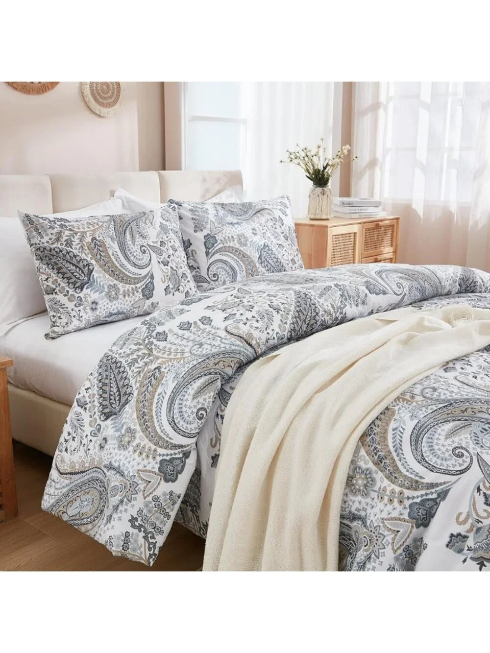 Queen Size Grey Blue Paisley Comforter Set - 3 Piece Lightweight Boho Bedding